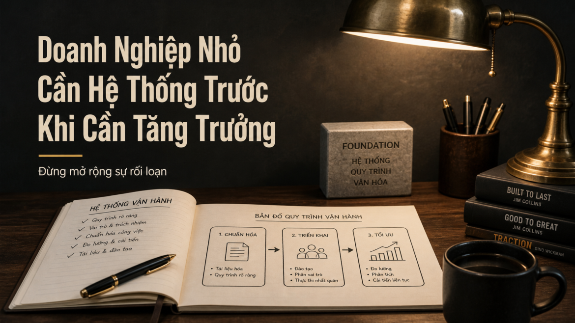 Bàn làm việc với sổ quy trình và sơ đồ hệ thống vận hành doanh nghiệp nhỏ