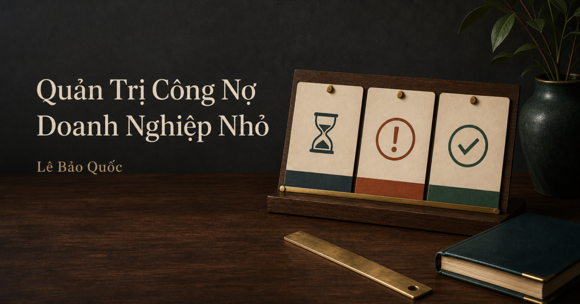 Bảng theo dõi quản trị công nợ doanh nghiệp nhỏ trên bàn gỗ