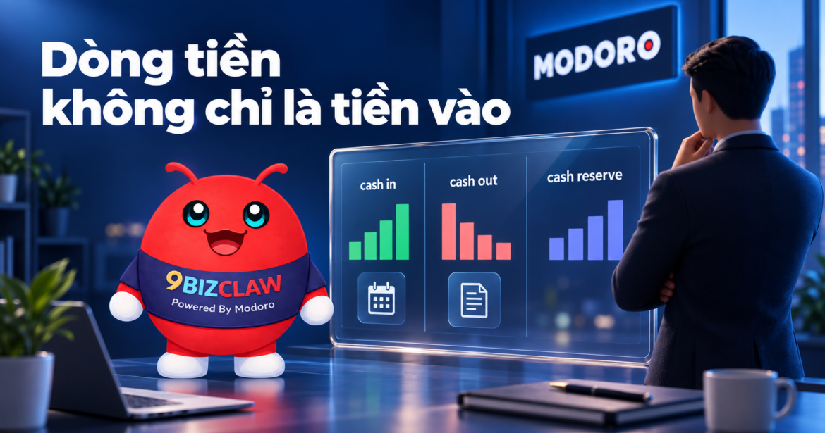 Minh họa dòng tiền doanh nghiệp nhỏ với bảng theo dõi tiền vào, tiền ra và tiền dự phòng