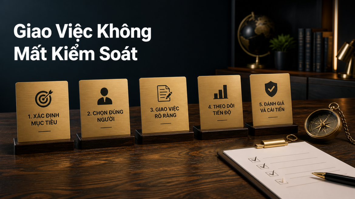 Bàn gỗ với các thẻ công việc kết nối thành quy trình giao việc cho nhân sự